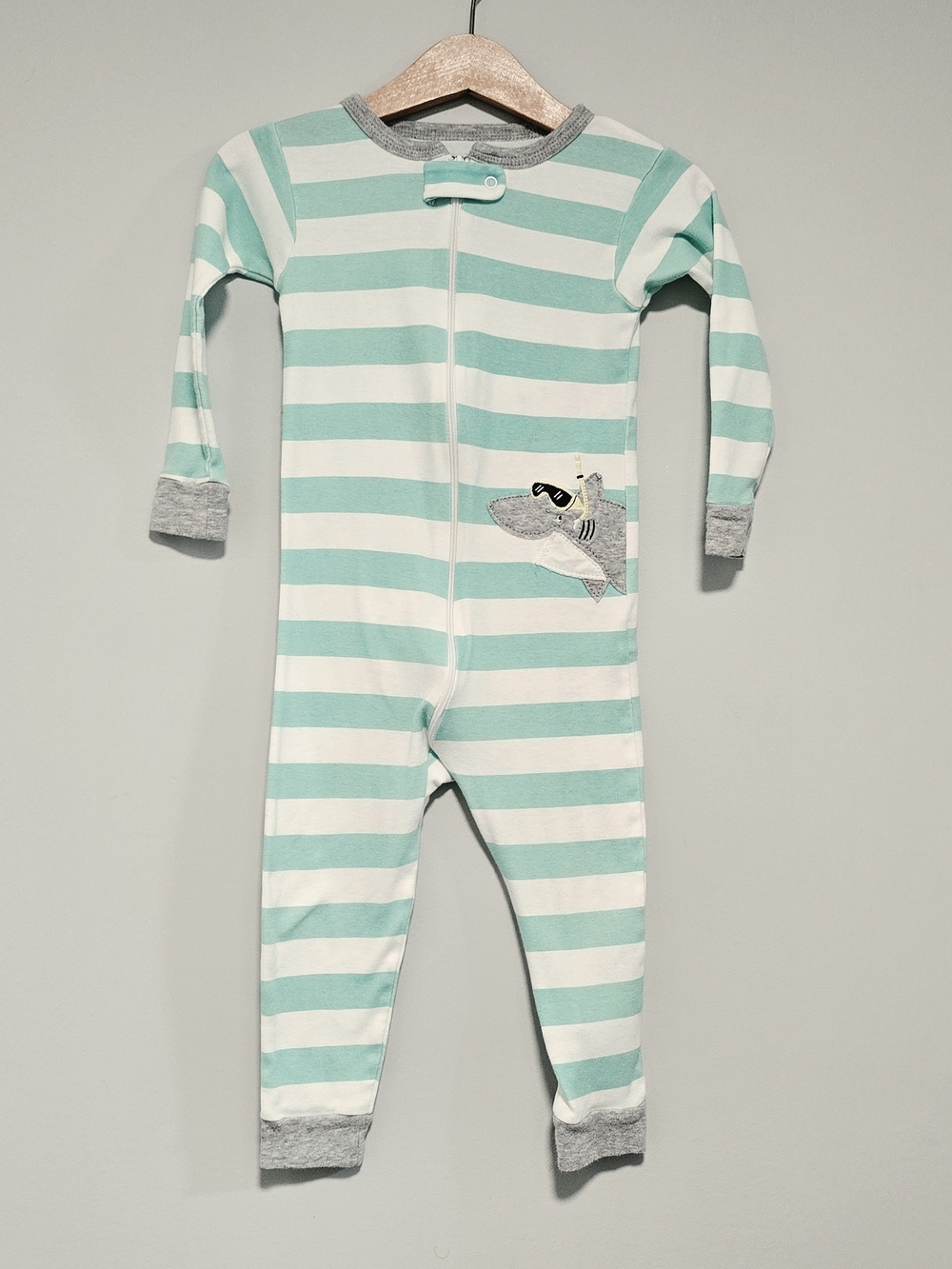 Carter's Mint & White Striped One-Piece Footie with Shark Patch Soft Cotton.